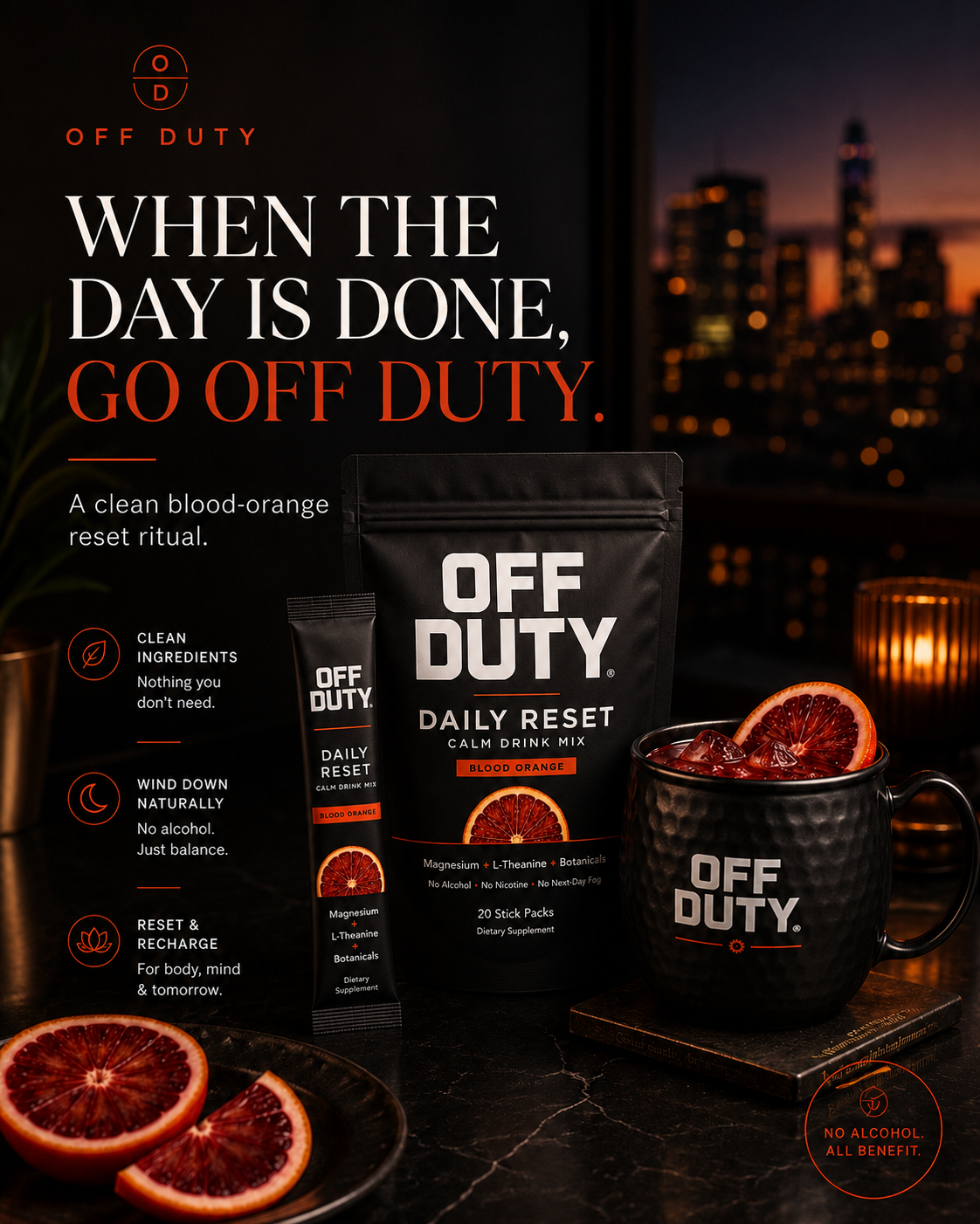 Off Duty cityscape hero scene with product, iced drink, and candle